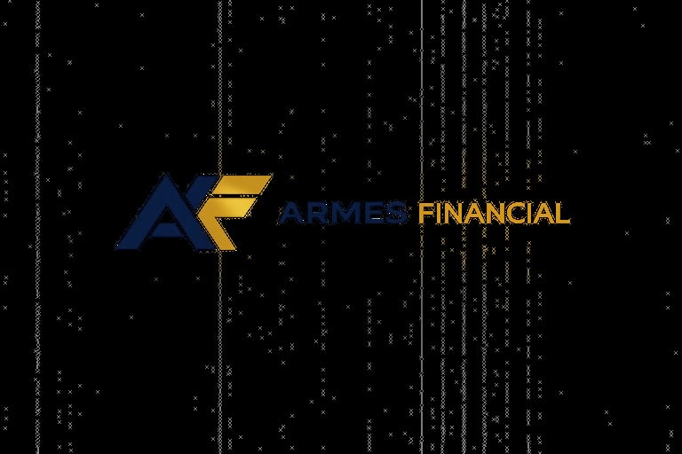 Armes Financial logo with blue and gold design on dark digital background with binary code and network elements